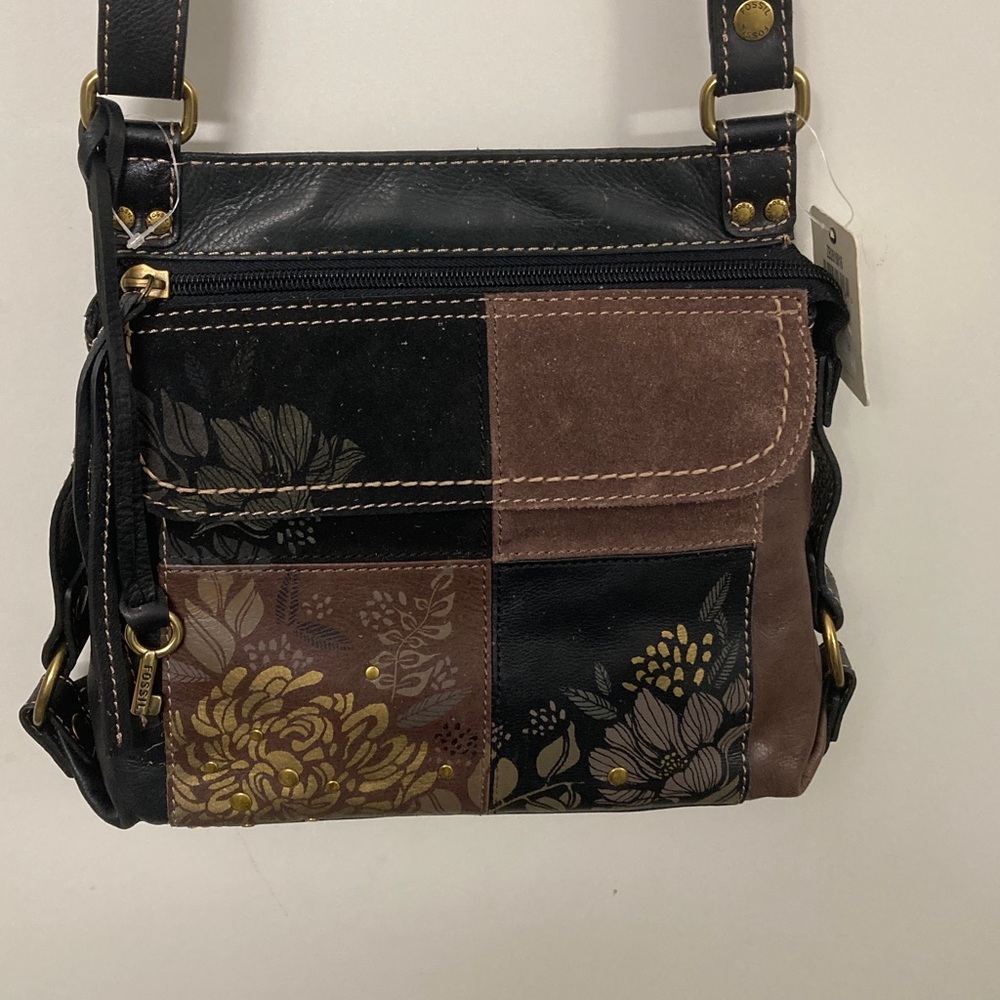Fossil Patchwork genuine, leather, Crossbody Bag - Black and Brown original tag